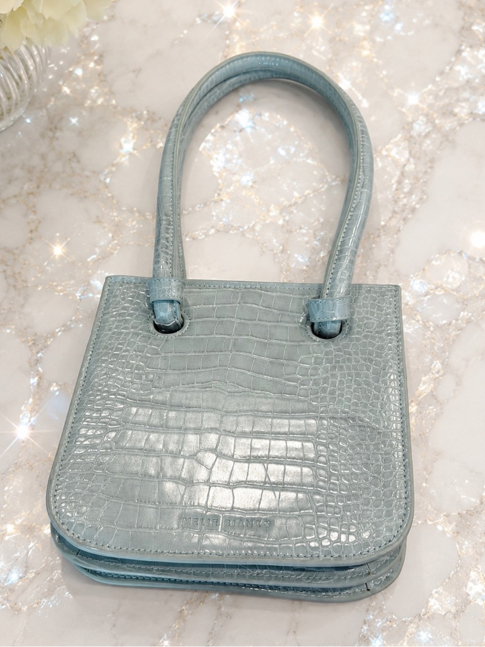 Melie Bianco Taryn Vegan Leather Shoulder Bag Sky Blue Croc-Embossed NWOT